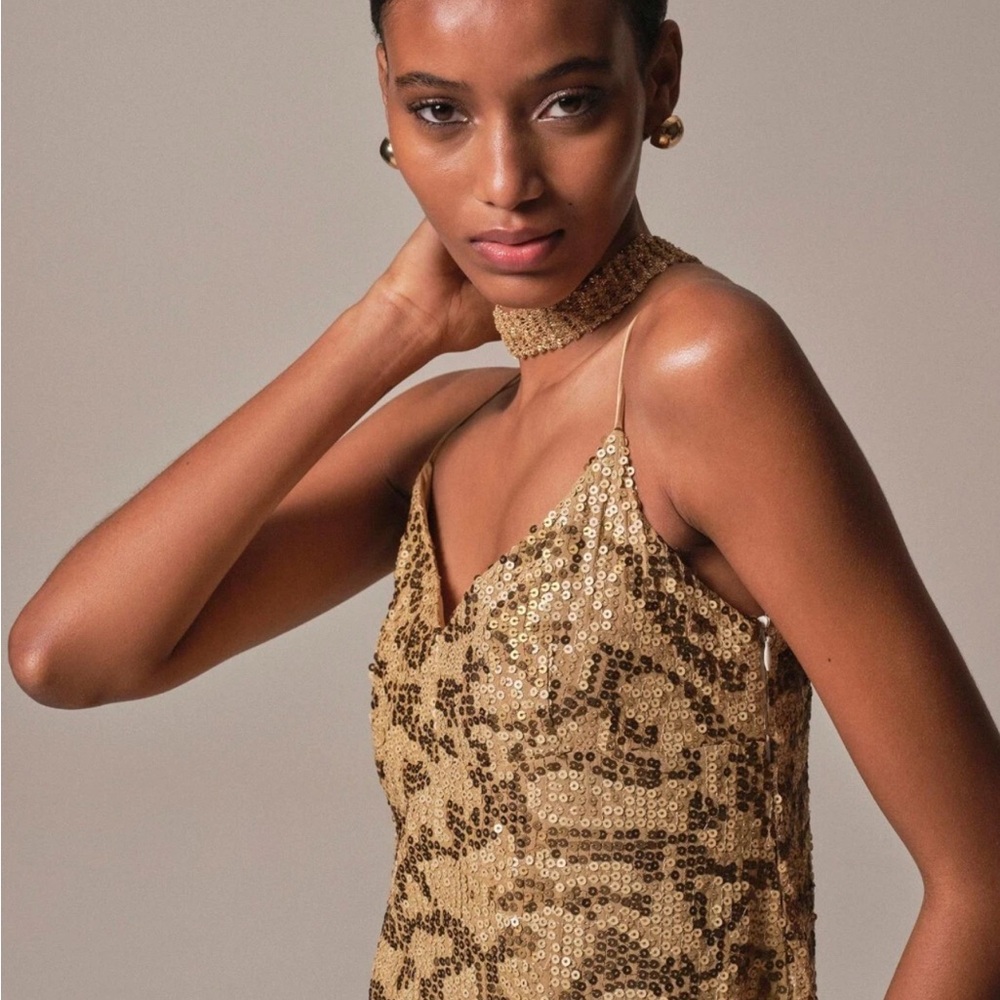 Anthropologie Gold Patterned Slip Dress Sequined Slip Midi Dress MRSP $298 - Picture 4 of 5